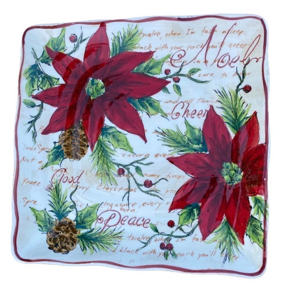 Maxcera Noel Poinsettia Serving Cookie Snack Plate with Words Cheer Peace Good